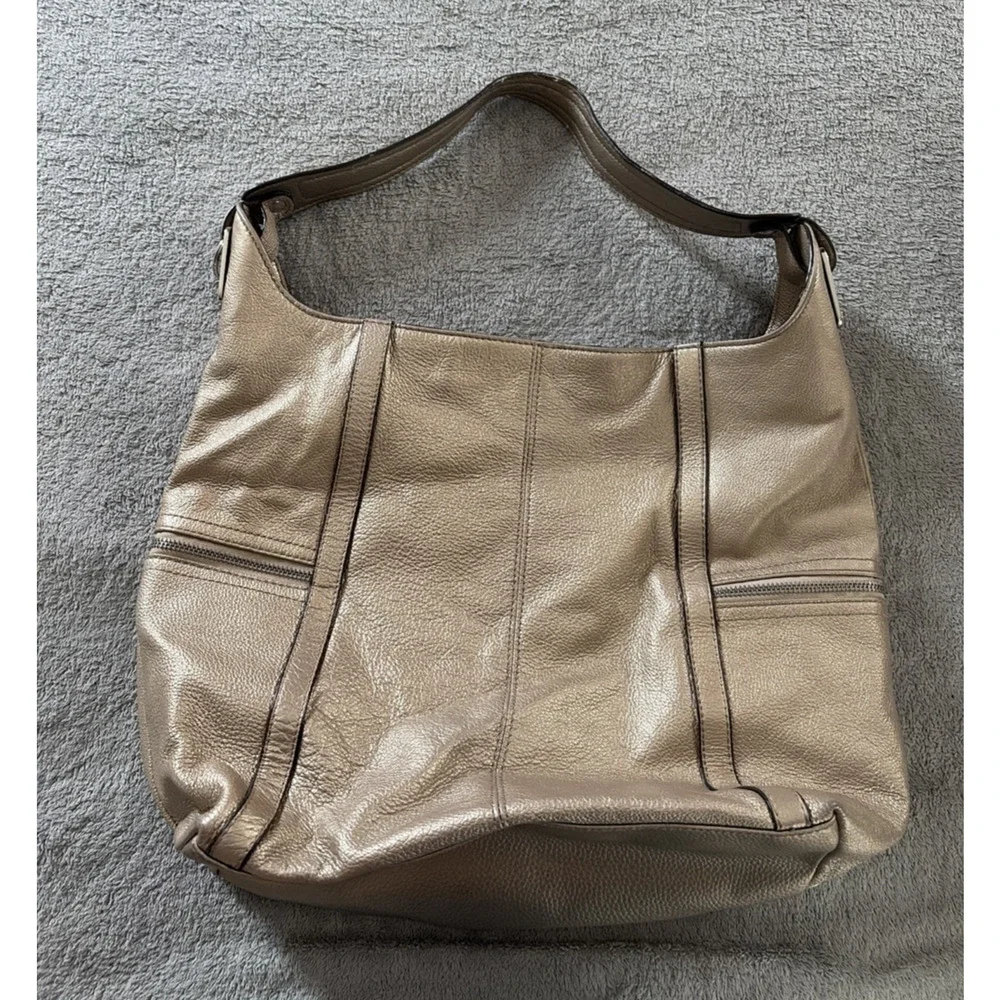 Tignanello Hobo Bag Purse Large Champagne Pebbled Leather Gold Jewel Tone Luxury